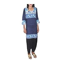 Elephant Print Women's Long Top Indian Gril's Fashion Tunic Blue Color Kurti 3/4 Sleeve Plus Size