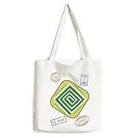 Green Squares Mexico Totems Ancient Civilization Stamp Shopping Ecofriendly Storage Canvas Tote Bag