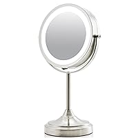Ovente 7'' Lighted Tabletop Makeup Mirror - Battery Powered with 1X/ 7X Magnification, Rotatable 360-Degree, Double Sided Glow Cosmetic White LED Ring Light, Classic Finish Nickel Brushed MCT70BR1X7X