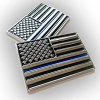 Pair of Chrome Black with Blue Stripe Line Police Cop Flag 3D US American USA Window Tailgate Decal Sticker Emblem Badge Logo Crest
