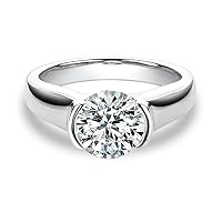 2.00 CT Half Bezel Moissanite Engagement Ring In 14K White Gold And 925 Sterling Silver