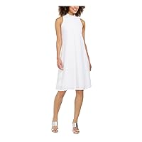 Calvin Klein Womens Ivory Textured Mock Neck Sleeveless Tie Neck Above The Knee Party A-Line Dress Petites 2P
