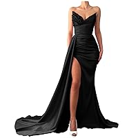 Black Sequin Beaded Prom Dresses 2022 Strapless Mermaid Satin Long Slit Evening Gowns for Women Bridesmaid Dresses 18 Plus