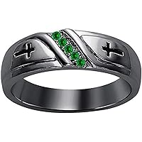 Wedding 5-Stone Men's Cross Ring Round Cut Created Green Emerald 14K Black Gold Over .925 Sterling Silver