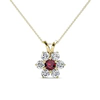 Round Ruby & Natural Diamond 7/8 ctw Women Floral Halo Pendant Necklace. Included 18 Inches Chain 14K Gold