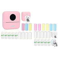 Mini Portable Printer Set with 12 Rolls Printing Paper + 16 Rolls Thermal Paper Set, Including Sticker/Colored Plain/White Plain Paper, Pink