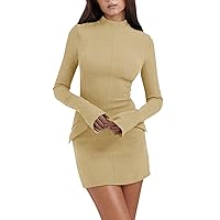 Women's Formal Dresses 2024 Trendy Knitted Dresses Casual Waisted Round Neck Long Sleeve Dresses Cocktail, S-L