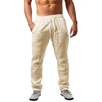 PASLTER Mens Casual Linen Pants Loose Fit Elastic Drawstring Waist Straight-Legs Summer Yoga Beach Long Pants