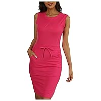 Women 2024 Summer Dresses Solid Color Sleeveless Party Dress Round Neck Bodycon Trendy Dresses with Pockets