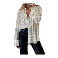 Women Sequin Button Down Shirt Blouse Long Sleeve Casual Party Club Sparkle Glitter Tops Streetwear