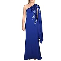 Tadashi Shoji Women's One Shoulder Cape Sleeve Crepe Gown with Sequin Detail