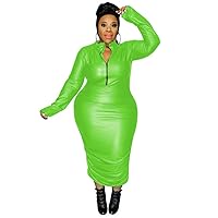 Women PU Leather Long Sleeve Bodycon Dress Sexy Turtle Neck Front Zipper Casual Pencil SkirtPlay Cosplay Uniform 7XL (Small,Green,Small)