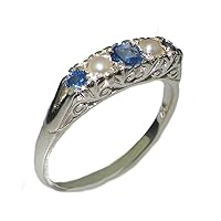 925 Sterling Silver Real Genuine Sapphire and Cultured Pearl Womens Band Ring