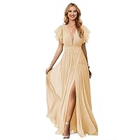 HUUTOE Ruffle Sleeves Bridesmaid Dresses for Wedding V Neck Chiffon Long Formal Dresses for Women Evening with Slit