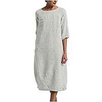 Cotton Linen Dress Casual Loose Fit Long Dress for Womens with Pockets Half Sleeve Summer Beach Dresses 2024