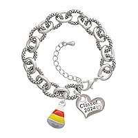 Silvertone 3-D Enamel Candy Corn - Class of 2024 Heart Charm Link Bracelet, 7.25+1.25