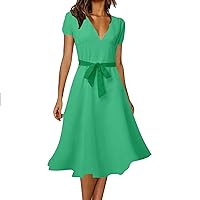 2024 Women's Floral Spot Wrap V-Neck Short Sleeve Boho Summer Beach Long Smocked Dress Casual Lightweight Flowy Dress
