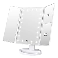 Tabletop Mount Makeup Mirror with 21 LED Lights,Two Power Supply, Touch Screen and 1x/2x/3x Magnification Tri-Fold Vanity Mirror, Gift for Women(White)