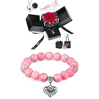 Mothers Day Preserved Red Real Rose with S925 Sterling Silver Necklace and Strawberry Quartz Beaded Bracelet