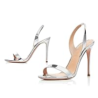 LEHOOR Women Slingback Stiletto Heels Dress Sandals Backless Strappy Heeled Sandal Round Open Toe Formal Sandals 4 Inch High Heel Elastic Ankle Strap Classy Evening Sandals for Wedding Party 4-11 M US