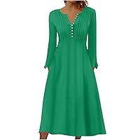 Women's Fall Casual Long Sleeve Solid Maxi Dresses Pleated Front Button V Neck Henley A-Line Dress with Pockets