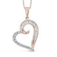 Diamond Heart Necklace in 14k Rose Gold Plate or Sterling Silver 1/8 cttw - Natural Baguette and Round Diamonds - 18 Inch Chain