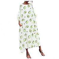 Women Dress Casual O-Neck Printed Long Sleeve Pockets Loose Long Dress Plus Avocado Print Dress