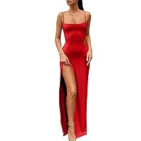 XJYIOEWT Summer Dresses for Women 2024 Maxi Short, Women Sexy Solid Dress Strap Slim Split Dress Long Party Club Dress