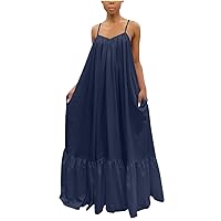 Plus Size Women Spaghetti Strap Lace-Up Back Oversize A-Line Dress Summer Ruffle Hem V Neck Maxi Solid Cami Dresses