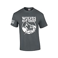 Men's Wolves Not Sheep Howling Wolf Head Patriotic American Flag Sleeve T-Shirt