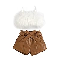 Fashion Kids Baby Girls Clothes Sets 2pcs Fluffy Fur Camisole Vest+PU Leather High Waist Shorts 2-7Y