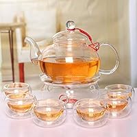DUJUST 21 pcs Small Tea pot Set of 6, Fine Porcelain, Pink Marble Texture  with Handcraft Golden Trim for Girls&Women, 1 Glass Teapot(22oz), 6