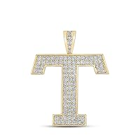 The Diamond Deal 10kt Yellow Gold Mens Round Diamond T Initial Letter Charm Pendant 1-1/2 Cttw