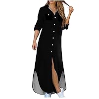 Plus Size Women Button Down Long Sleeve Shirt Maxi Dress Fashion Curved Hem Lapel Casual Dressy Tunic Kaftan Dress
