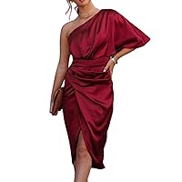 CUPSHE Women Satin Cocktail Party Dress Backless One Shoulder Flared Sleeves Tea Length Anomalistic Hem Solid Bodycon Dress with Zipper Burgundy Red M