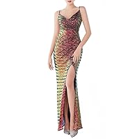 Women's Spaghetti Sequins Ruffles Split Mermaid Evening Dress
