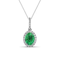 Oval Cut Emerald Round & Natural Diamond 1 1/3 ctw Women Halo Pendant Necklace. Included 16 Inches 14K Gold Chain