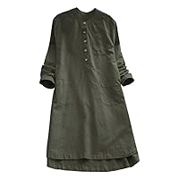 Women Retro Long Sleeve Casual Loose Button Tops Blouse Mini Shirt Dress with Large Size