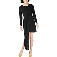 Women's Asymmetric Pleated Long Sleeve Mini Dress Black Size XS