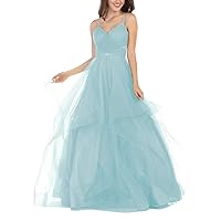 Glitter A-Line Tulle Prom Dresses Long Spaghetti Straps LayeMint Ball Gown Evening Party Mint