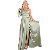 One Shoulder Long Sleeve Satin Prom Dress with Belt Bridesmaid Dress, Events, Wedding, Party Dress