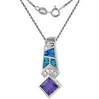 Sterling Silver Synthetic Opal Necklace for Women Amethyst CZ 9 mm Square 1 3/8 inch