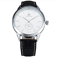Men's Minimalist White Dial Automatic Watch Stainless Steel with Leather Strap Mechanical Watch for Men