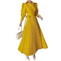 Women Casual Laple Collar Puff Sleeves Midi Dress Summer High Waisted Pleated Evening Party Dresses