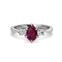 Rhodolite Garnet Pear Shape 9x7 mm 1.85 ctw accented Natural Diamond Three Stone Women Engagement Ring using Tiger Claw Setting in 14K Gold