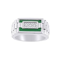 RYLOS Mens Rings 14K White Gold - Mens Diamond & Green Onyx / Quartz Ring . Stone is Special Cut f this Ring. Designer Style Rings For Men Mens Jewelry Gold Rings