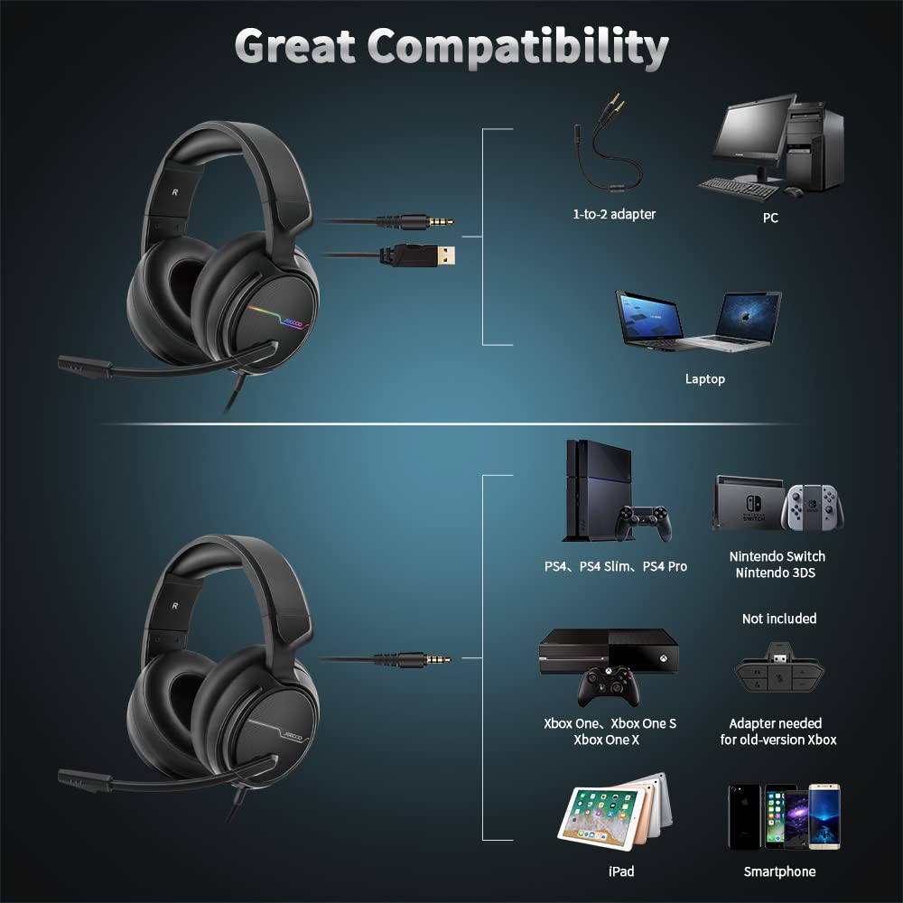 Jeecoo V20 Stereo Gaming Headset for PS4 PS5 Xbox One - Over Ear Headphones with Noise Cancelling Microphone - LED Light Soft Earmuffs for PC Laptops Mobiles