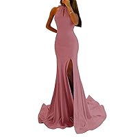 Women's High Split Mermaid Bridesmaid Dress Halter Long Sexy Evening Gowns Dark Pink