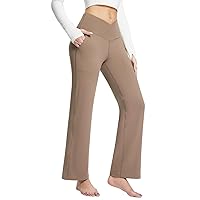 BALEAF Women's Straight Wide Leg Yoga Pants V Crossover High Waist Bootcut Workout Leggings with Pockets Open Bottom