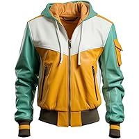 Men’s Yellow Hooded Genuine Leather Sports Coat